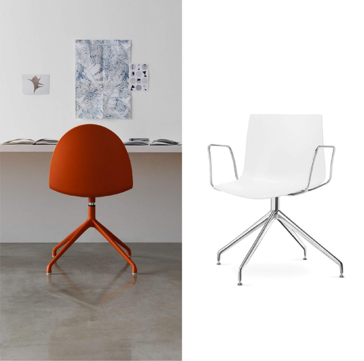 ancillary seating: one camel chair and one white chair