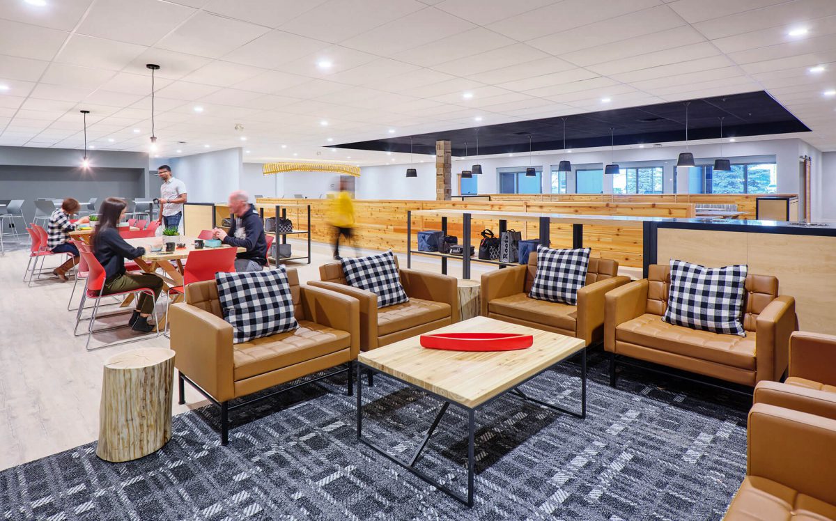 Roots Waiting Area with Cognac Seating and Plaid Pillows