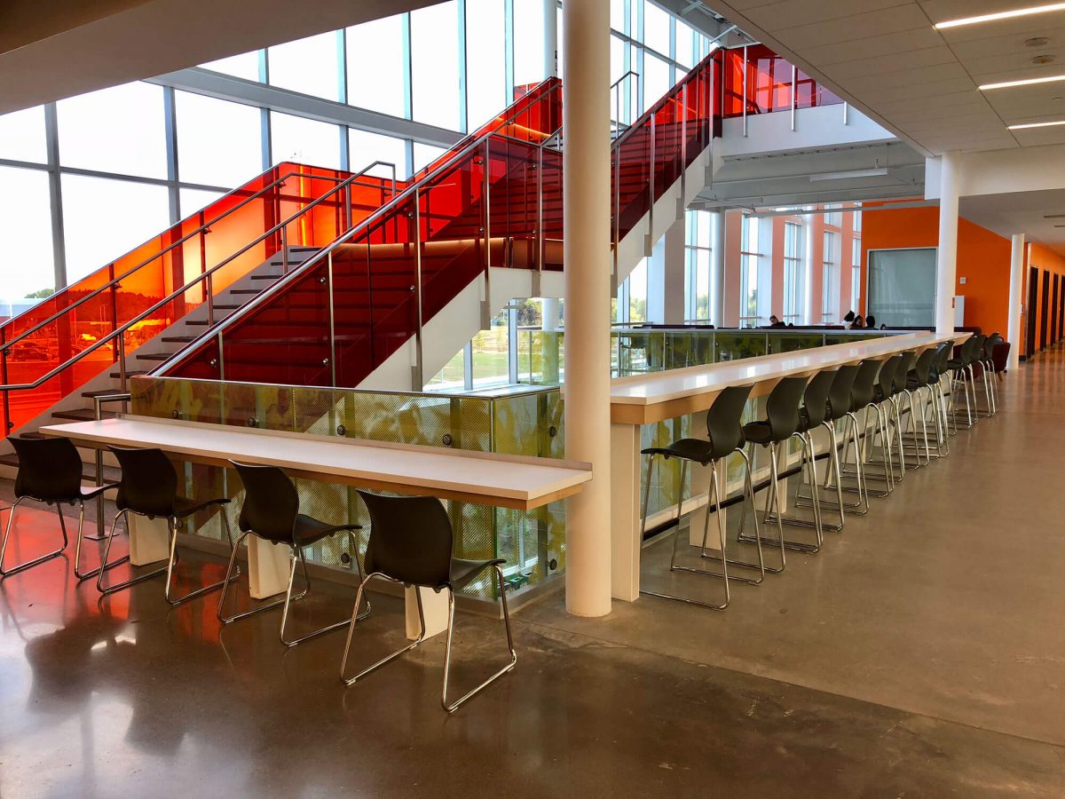 Seneca College Stairway with Bar Height Table and Chairs