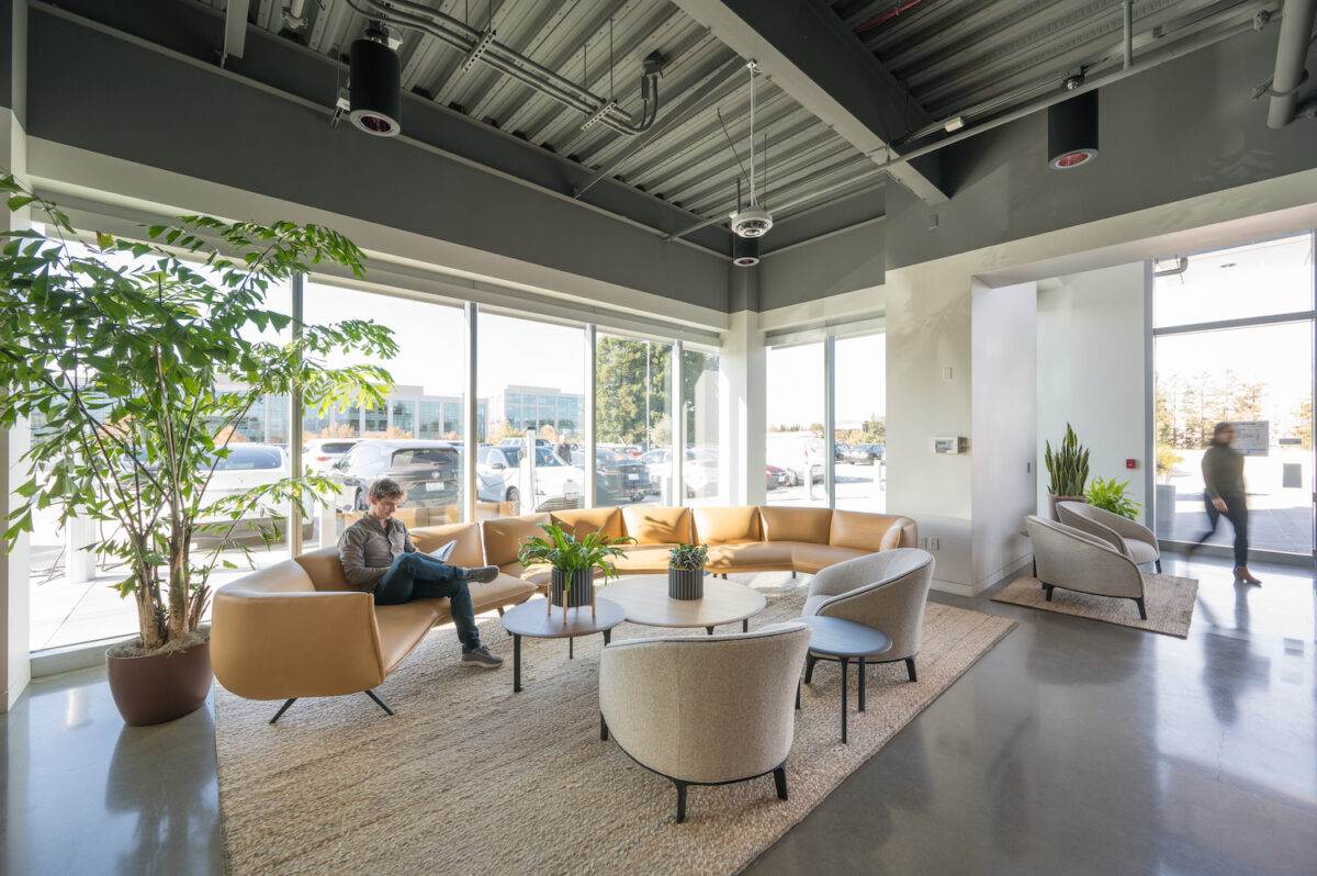 Office lobby with lounge furniture. Furnished by The Collective.