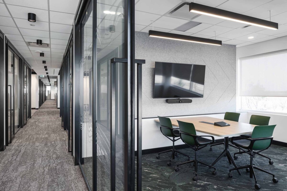 Private meeting space with semi-wall-mounted peninsula tables at a 42-inch height